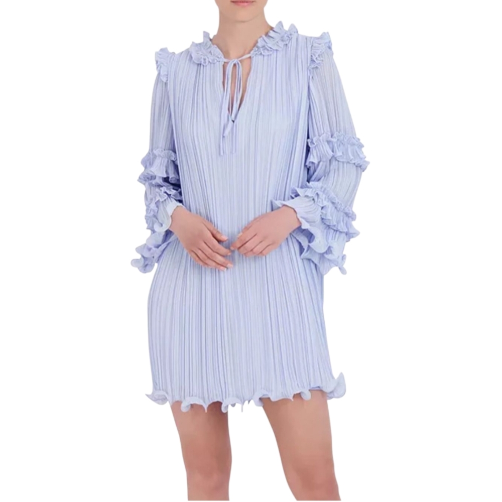 NWT BCBGMAXAZRIA Light Blue Pleated Ruffled Dress Long Sleeve Dress Womens Sze 4